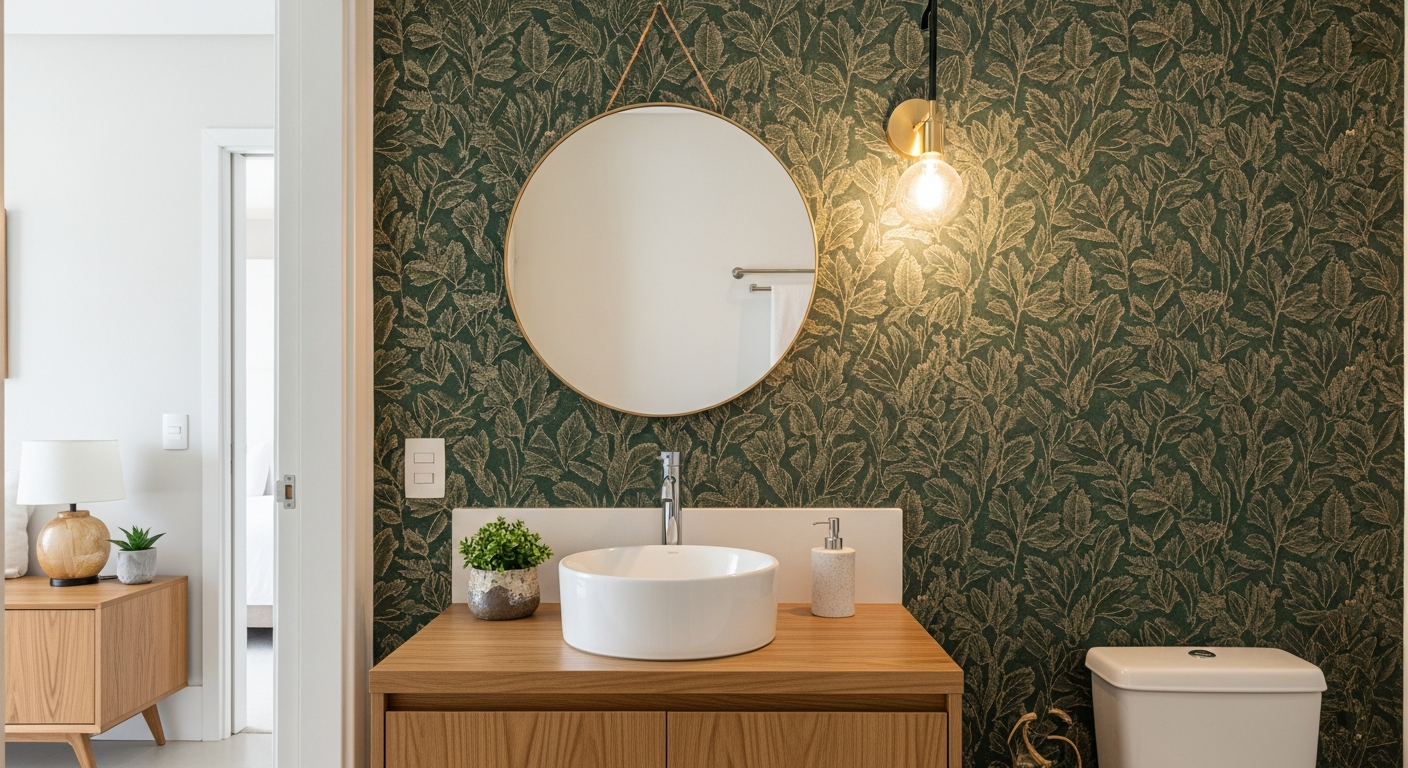 A beautifully decorated Brazilian guest bathroom (lavabo) with dramatic, dark green wallpaper featuring a gold leaf pattern. A round mirror with a thin brass frame hangs above a white vessel sink on a wooden vanity. Soft, warm light from a modern sconce illuminates the space. A small potted plant and an elegant soap dispenser are on the vanity.