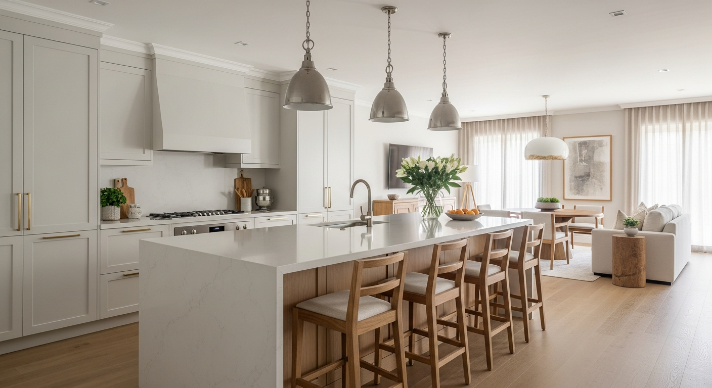 A bright and modern American kitchen with a large quartz island, stylish wooden bar stools, and elegant pendant lights hanging above. The kitchen seamlessly integrates with a cozy living room in the background. Photorealistic, warm natural light.