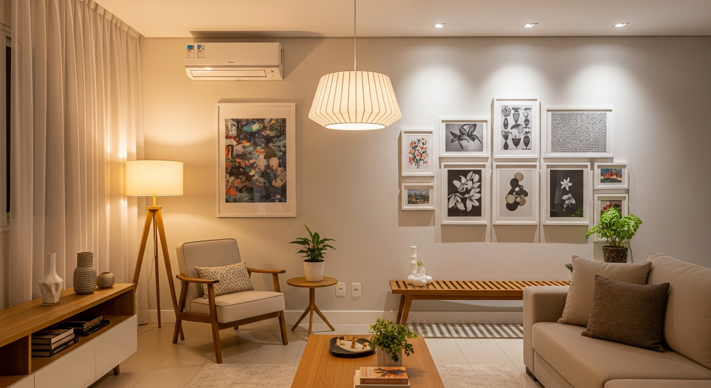 A cozy and well-lit living room in the evening. There's a warm floor lamp next to an armchair, a central pendant light with a soft glow, and subtle spotlights highlighting a gallery wall of art. The style is modern Brazilian.