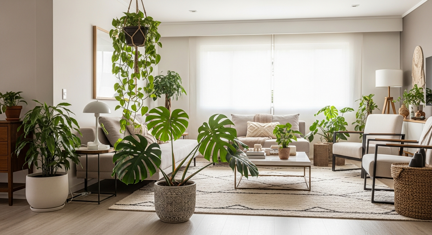A beautifully decorated living room with a variety of houseplants, including a large Monstera deliciosa and a hanging Pothos. The style is modern and cozy, with natural light streaming in.