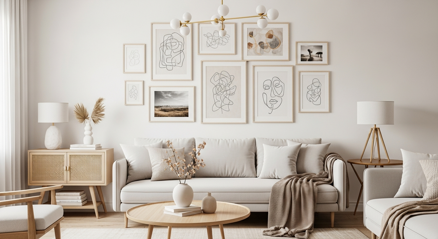 A beautiful and eclectic gallery wall above a modern sofa in a well-lit living room. The composition includes various frame sizes and styles, featuring abstract art, line drawings, and photographs. Japandi style.