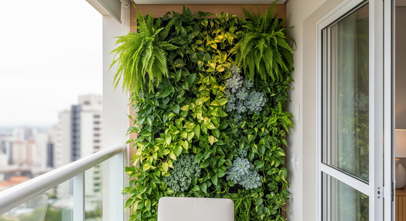 Close-up de um lindo e vibrante jardim vertical na varanda de um apartamento moderno, com várias plantas como samambaias, jiboias e suculentas. Estilo foto de revista de decoração.