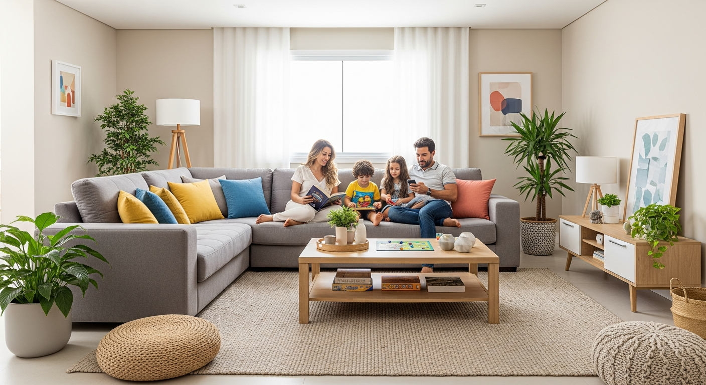 A wide shot of a bright, modern Brazilian living room featuring a large, comfortable gray corner sofa with colorful cushions. A family is relaxing on it.