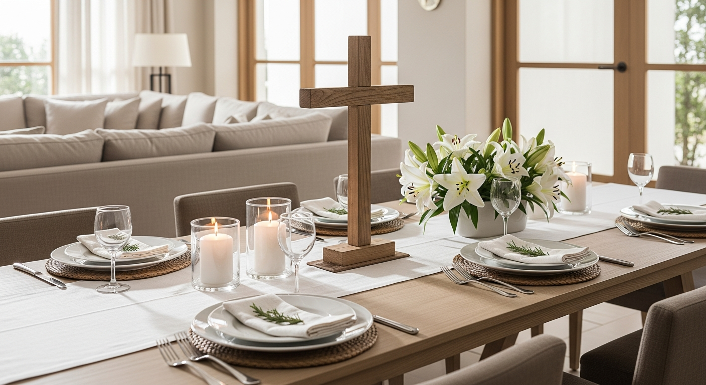 A beautiful Easter dining table setting with a Christian theme. A rustic wooden cross is the centerpiece, surrounded by white lilies, candles, and simple white dinnerware. Soft, natural light.