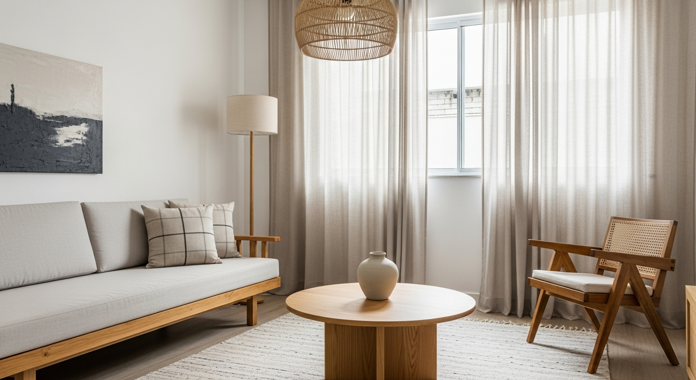 A bright and airy living room in Japandi style, featuring a low-profile light wood sofa, a round wooden coffee table with a single ceramic vase, and a large window with sheer linen curtains. The color palette is neutral with beige, white, and touches of black.