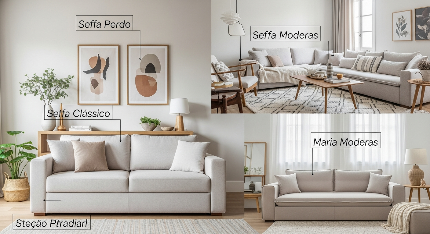 A wide shot of a cozy Brazilian living room featuring multiple types of sofas, like a classic fixed sofa in the foreground and a modern modular sofa in the background, with text overlays showing their names in Portuguese. Bright, natural lighting.