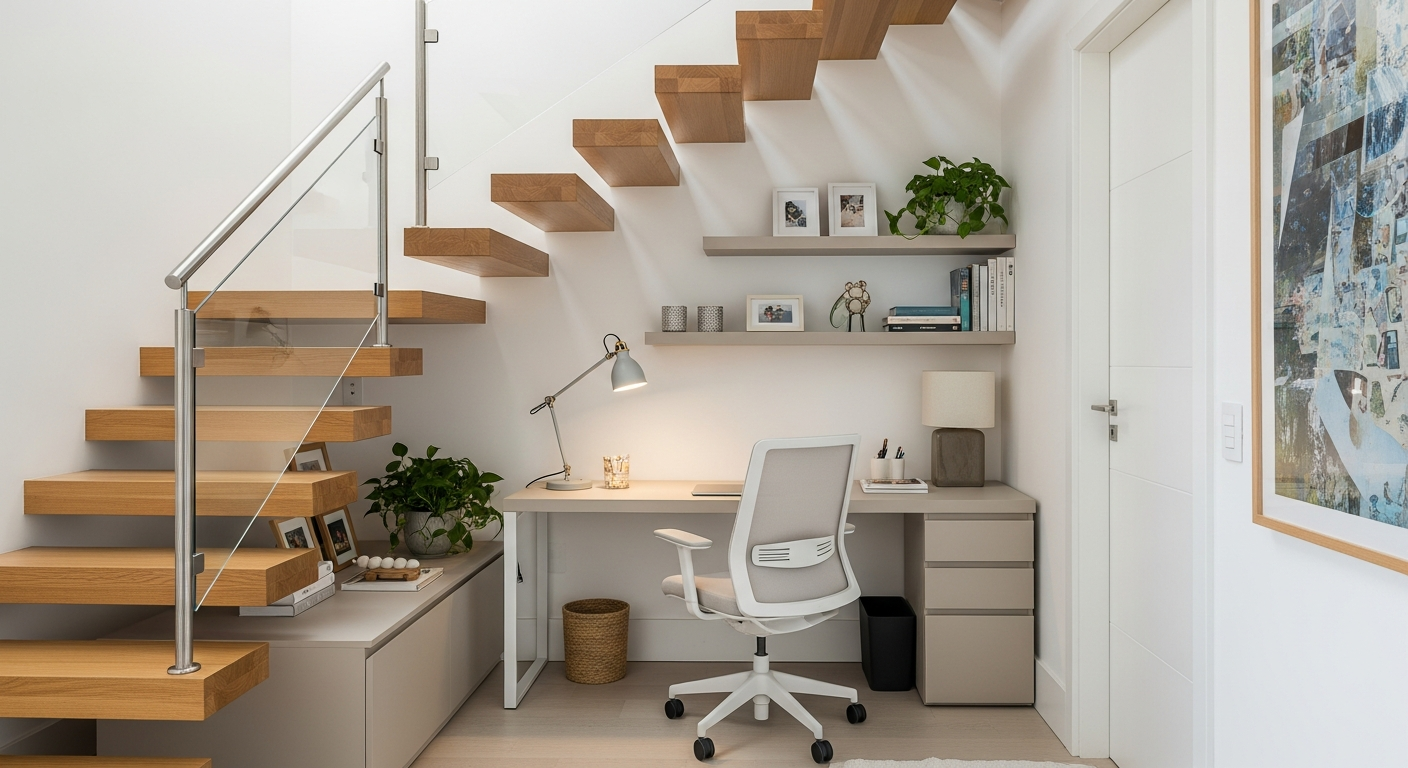 A beautifully designed home office nook neatly tucked under a modern wooden staircase. Include a sleek desk, an ergonomic chair, good lighting, and some personal touches like plants. Photorealistic style, bright and airy.