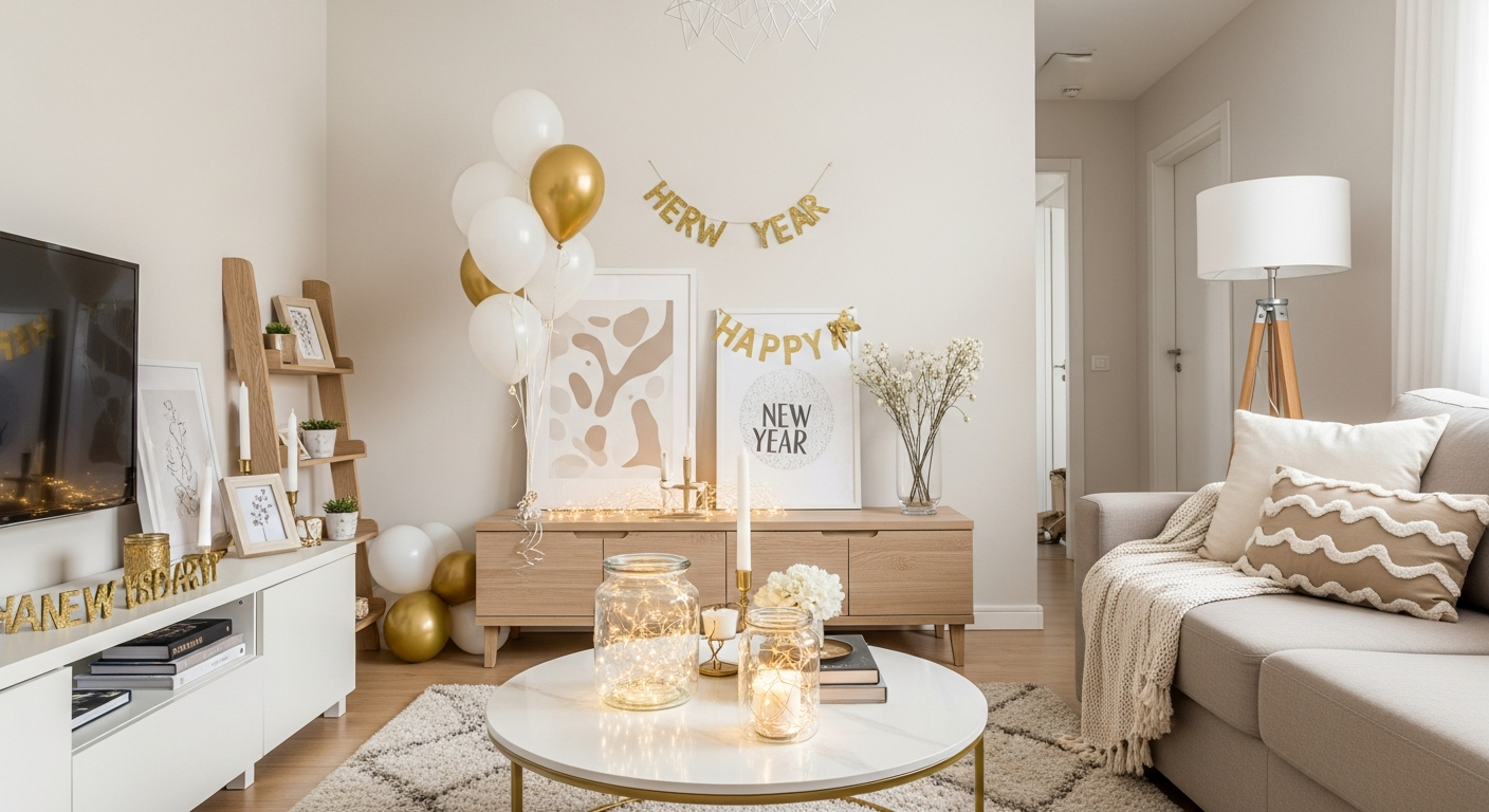 A cozy living room decorated for New Year's Eve with simple, elegant touches. White and gold balloons, fairy lights in glass jars, and a decorated coffee table. The style is modern and minimalist.