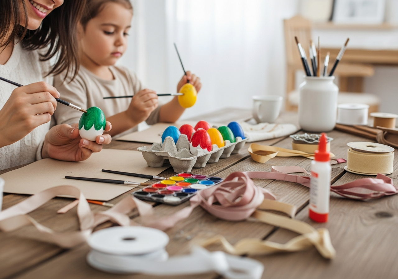 Close-up shot of a DIY Easter craft station. Hands of a mother and child are painting eggs with colorful paints. Other craft supplies like ribbons, felt, and glue are visible on a rustic wooden table.