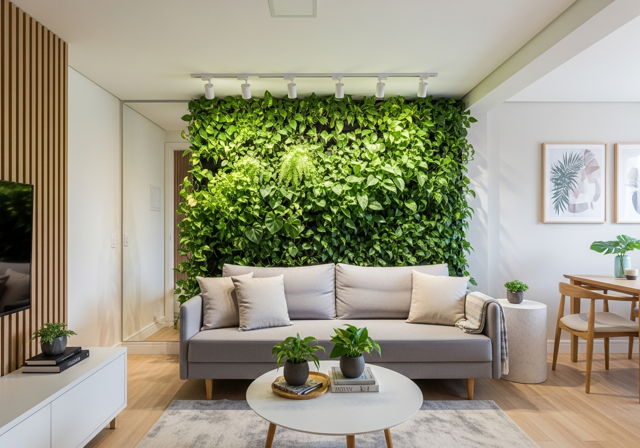 A stylish and modern living room in a small apartment featuring a large, lush vertical garden as a feature wall behind a minimalist gray sofa. The garden is filled with a variety of green foliage plants like ferns, pothos (jiboia), and philodendrons, creating a 'living wall' effect.