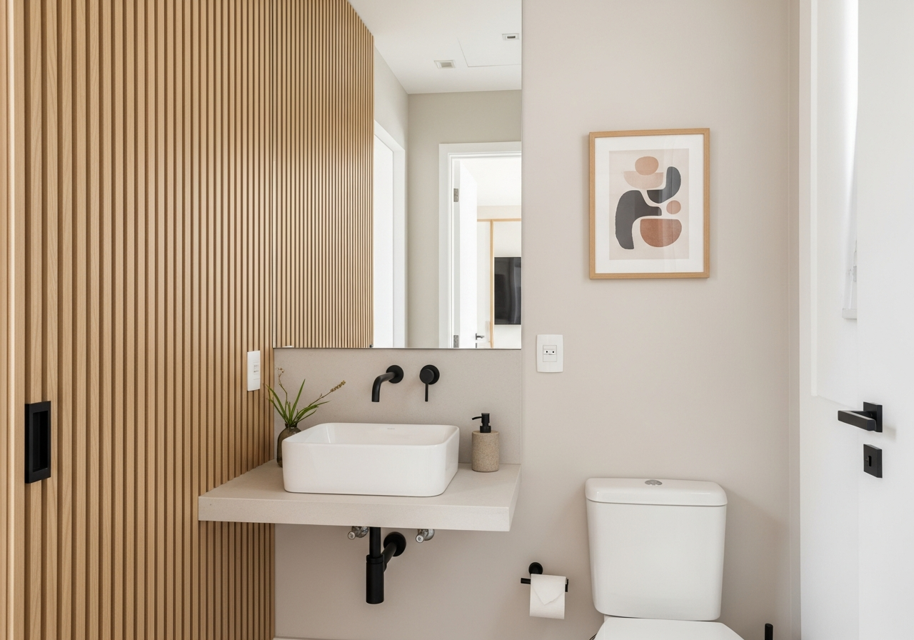 A bright and airy guest bathroom with a minimalist Scandinavian-Japandi feel. Light wood slatted paneling on one wall, a simple white ceramic sink, and matte black fixtures. A small, framed abstract art print hangs on the wall. The space is clean, functional, and serene. Photorealistic.
