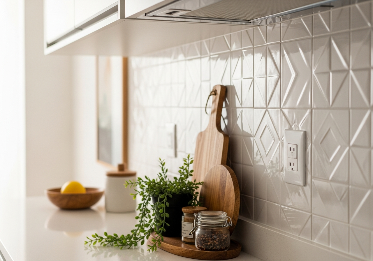 Close-up shot of a stylish backsplash in an American kitchen, perhaps with geometric or subway tiles. On the counter, there are decorative items like a wooden cutting board, a small plant, and a jar of spices. Soft focus background.