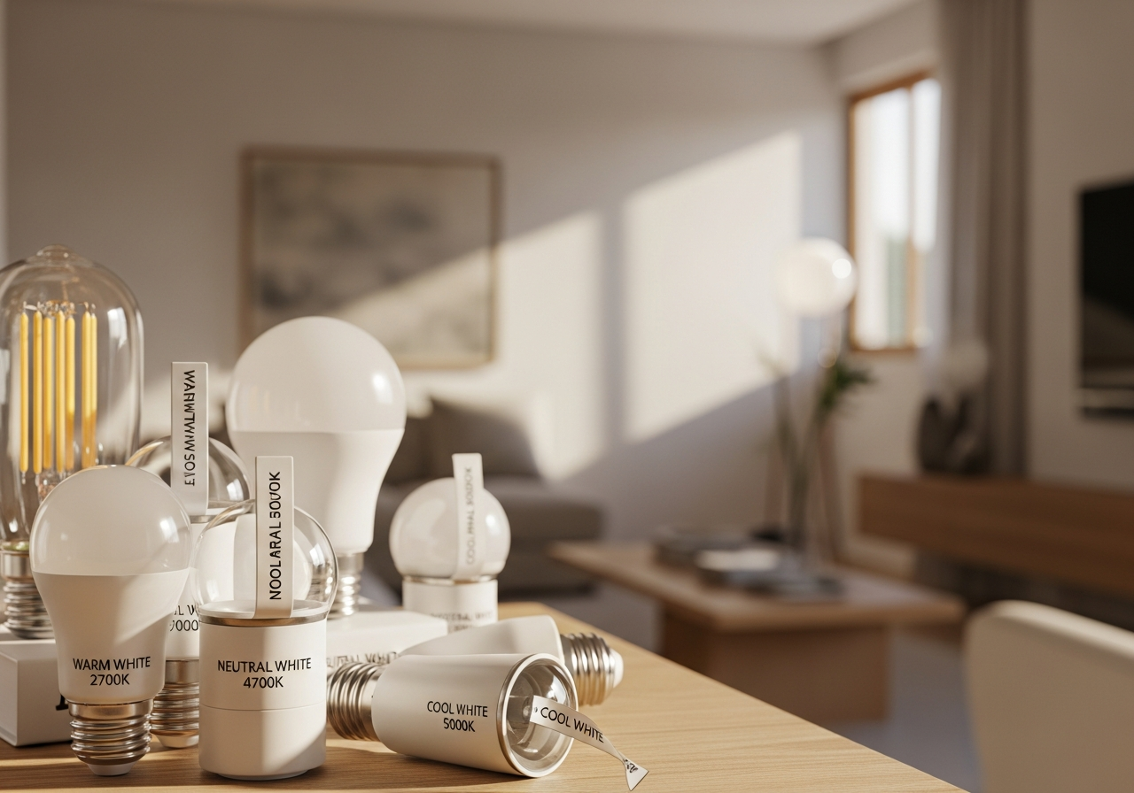A close-up shot showing different types of light bulbs with labels indicating their color temperature (e.g., 'Branco Quente 2700K', 'Branco Neutro 4000K'). The background is a warm, inviting living room.