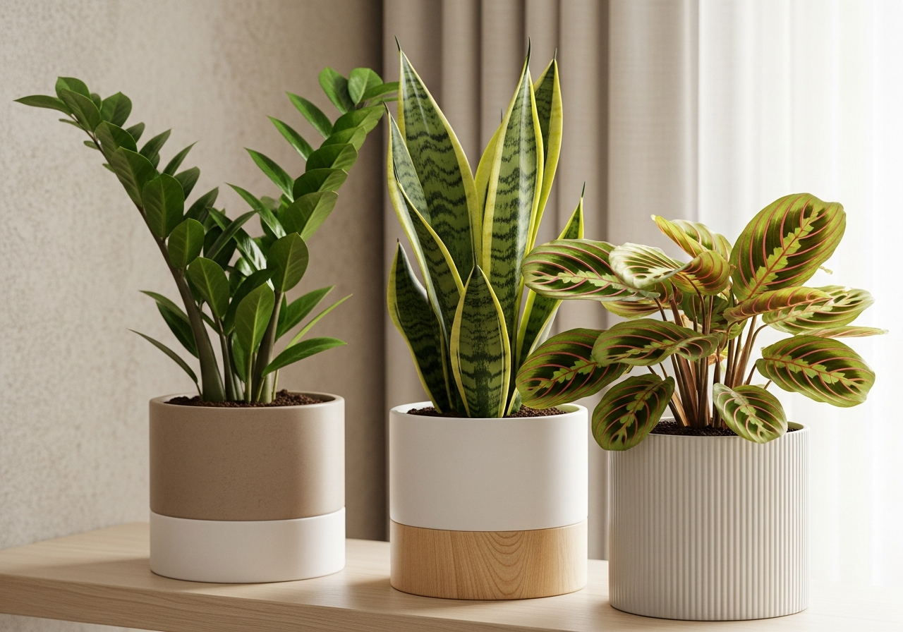 A close-up shot of three different houseplants for low-light conditions: a Zamioculcas, a Sansevieria, and a Maranta. They are in stylish ceramic pots on a wooden shelf.