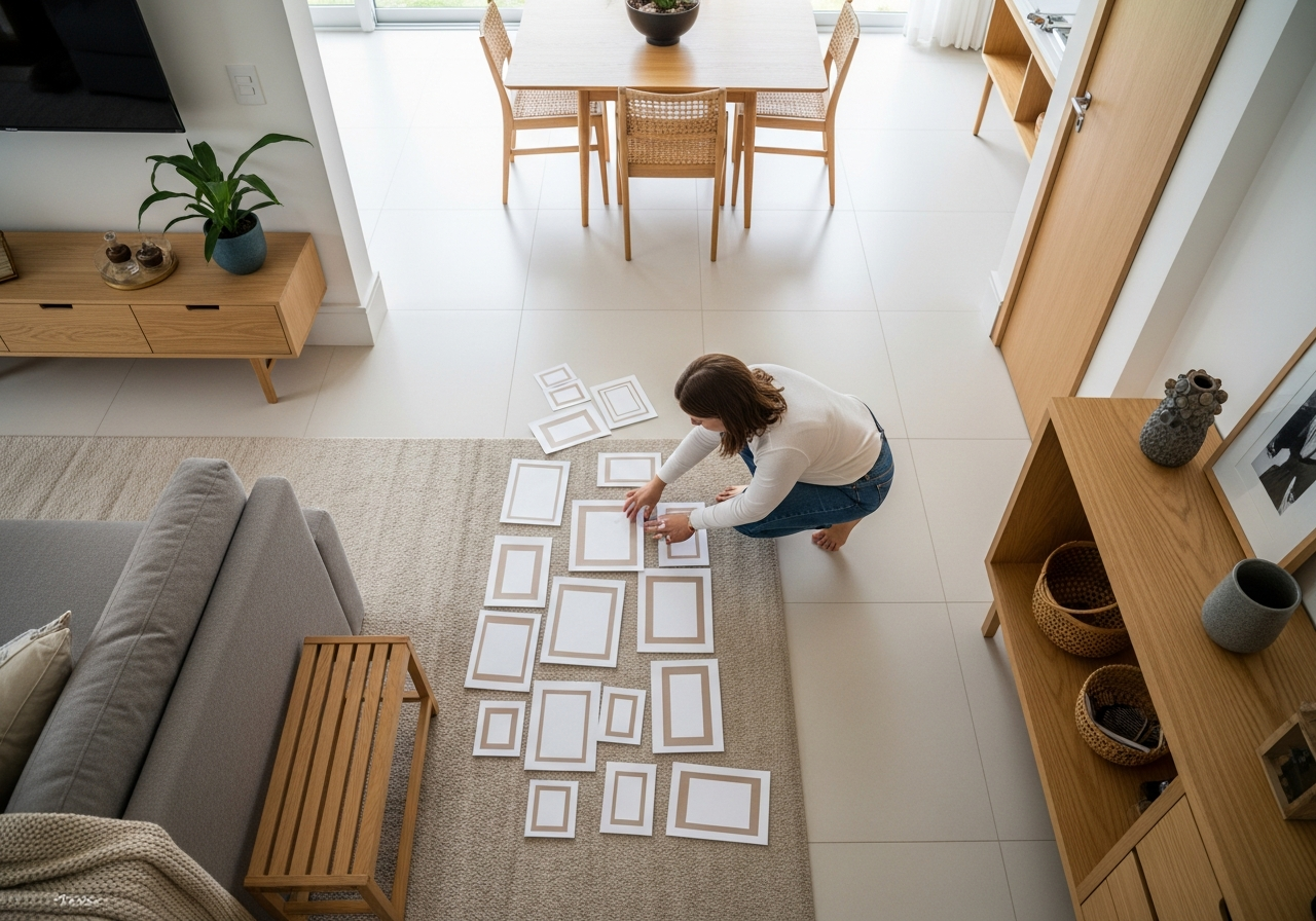 Overhead shot of a person laying out paper cutouts of frames on the floor, planning a gallery wall layout. The scene is bright, showing the creative process.