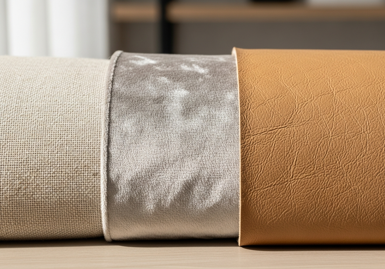A close-up shot focusing on the texture of different sofa fabrics: linen, velvet, and leather, arranged side by side as samples.