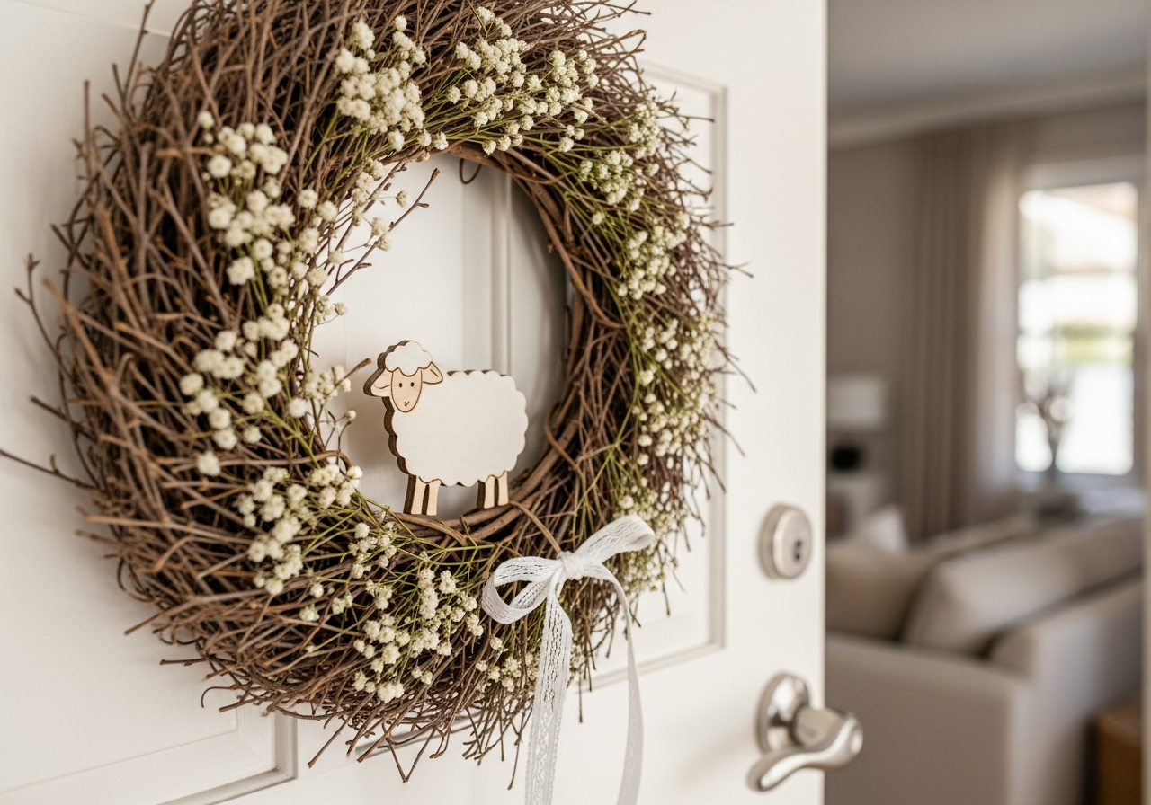 A close-up of a DIY Easter wreath on a front door. The wreath is made of dried twigs, with small white flowers and a simple wooden lamb figure woven in. The style is elegant and spiritual.