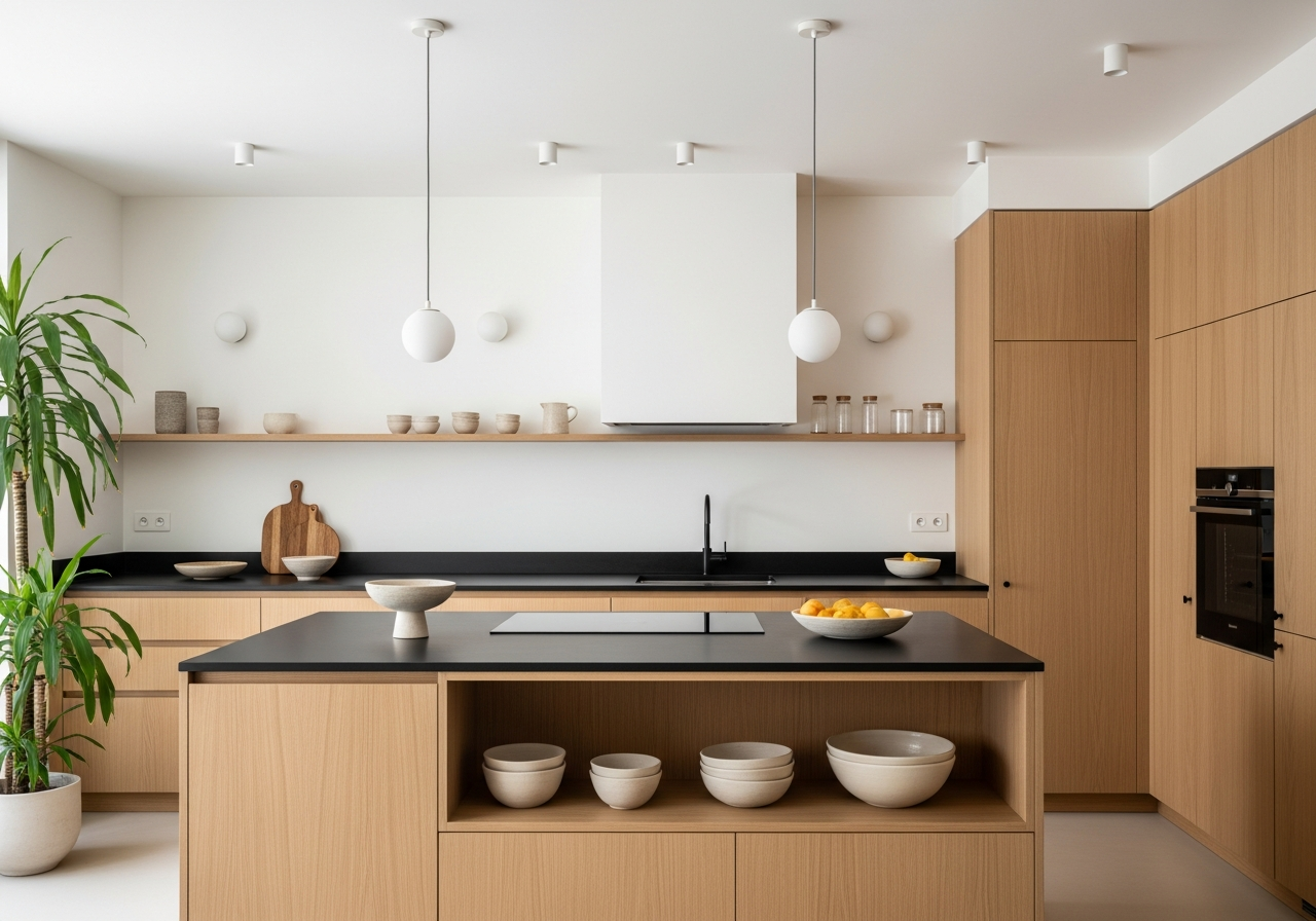 A Japandi kitchen with minimalist light oak cabinets, a central island with a matte black countertop, and simple pendant lights. There are handmade ceramic bowls on an open shelf and a tall green plant in the corner.