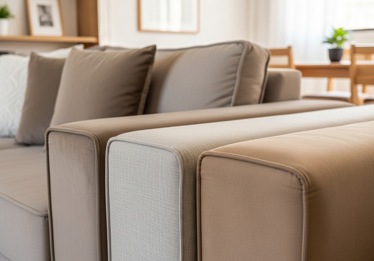 A close-up shot focusing on the texture of different sofa fabrics: a luxurious velvet, a natural linen, and a durable synthetic suede, arranged side-by-side. Warm, inviting style with a Brazilian home decor feel.