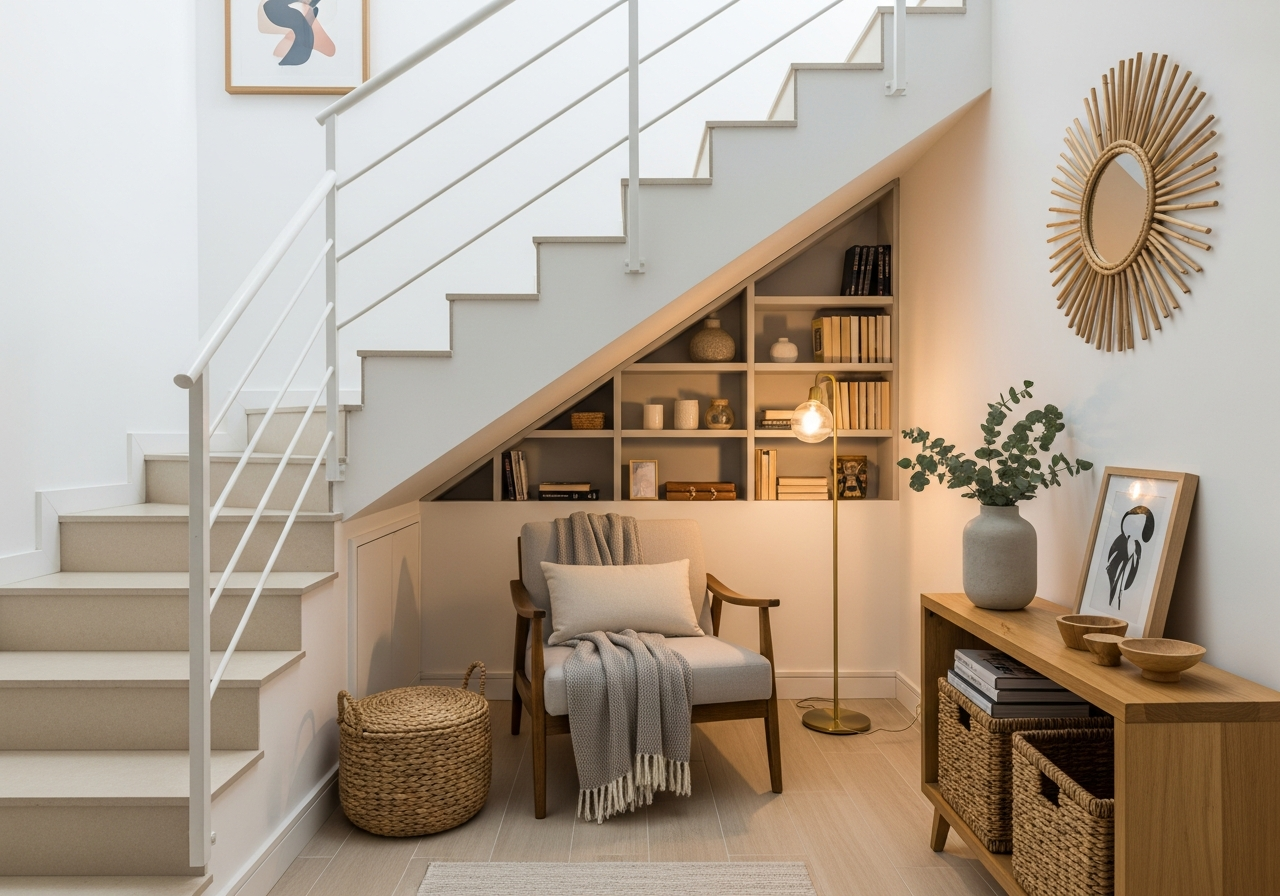 A cozy reading nook under a white staircase, with a comfortable armchair, a soft blanket, a small bookshelf built into the wall, and a warm floor lamp. The atmosphere is inviting and relaxing.