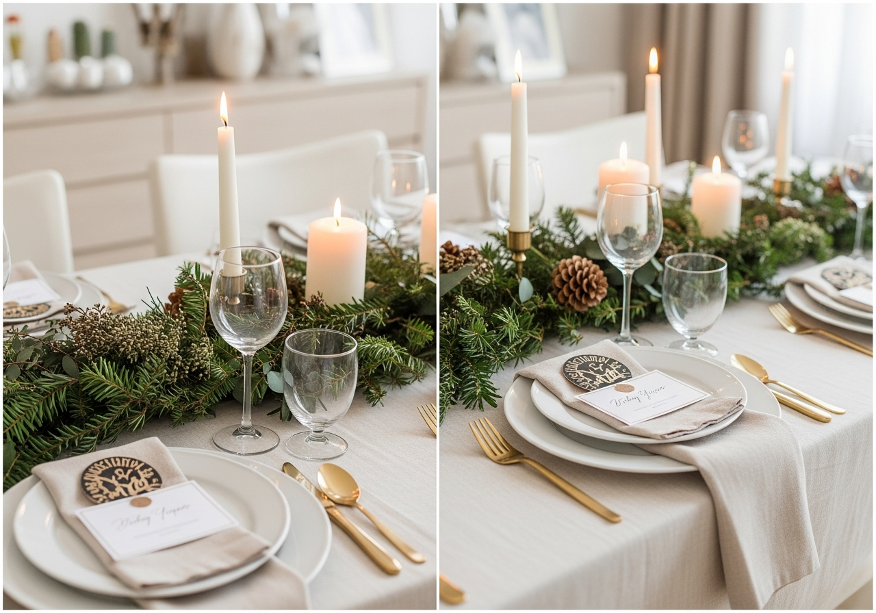 A close-up of a beautifully set New Year's Eve dinner table. DIY centerpiece with candles and greenery, simple white plates with gold cutlery, and handmade place cards. The atmosphere is festive and warm.