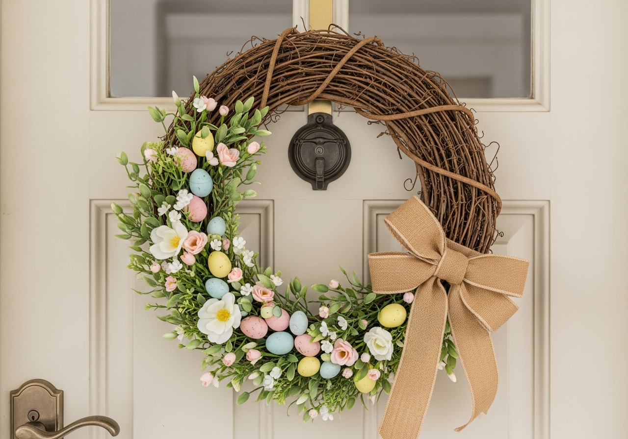 A charming Easter wreath hanging on a light-colored front door. The wreath is made of vines, decorated with small pastel eggs, silk flowers, and a burlap ribbon. Welcoming and festive home decor.