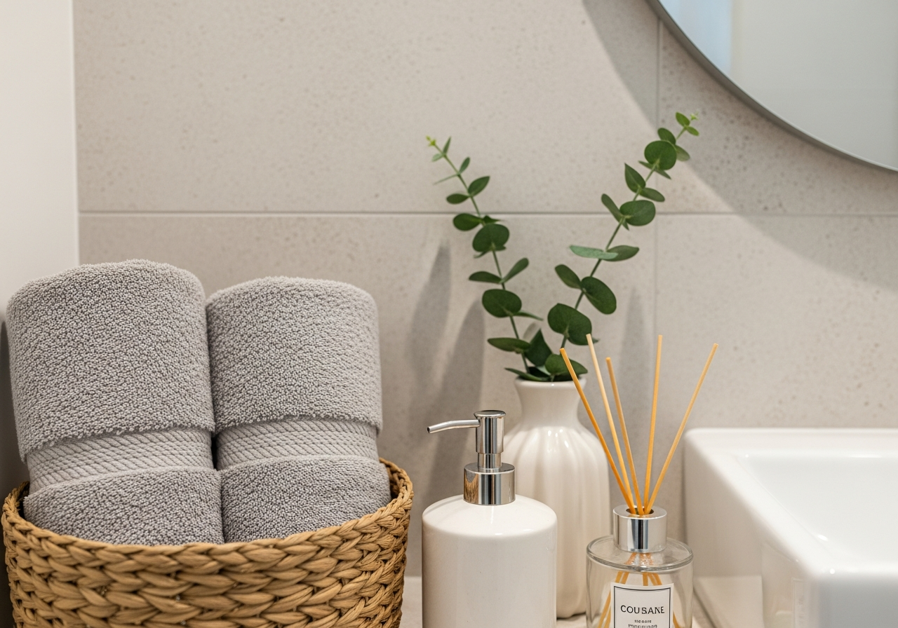 Close-up shot of accessories in a stylish guest bathroom. A neat stack of plush, grey hand towels in a woven basket, a ceramic soap dispenser, a small vase with a single eucalyptus branch, and a subtle reed diffuser. The background is a textured, light-colored tile. The atmosphere is spa-like and inviting.