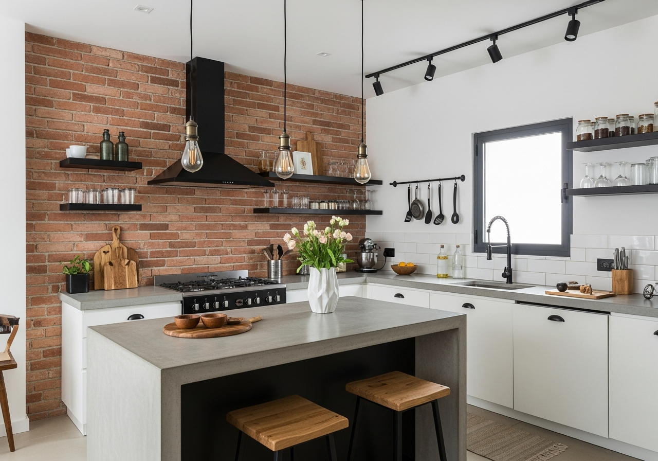 An American kitchen with an industrial decor style. Features include an exposed brick wall, black metal fixtures, a concrete countertop on the island, and vintage Edison bulb pendant lights. The space feels chic and urban.