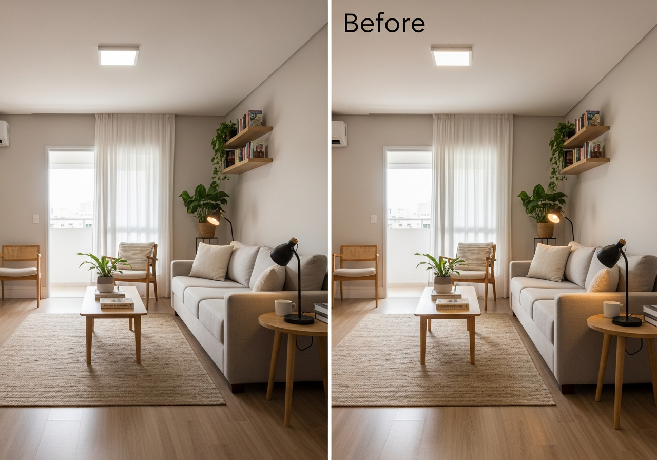 A split-screen image. On the left, a living room with only a harsh, single overhead light, creating strong shadows. On the right, the same room with layered lighting: a soft central light, a task lamp for reading, and accent lights on plants, showing a dramatic before-and-after effect.