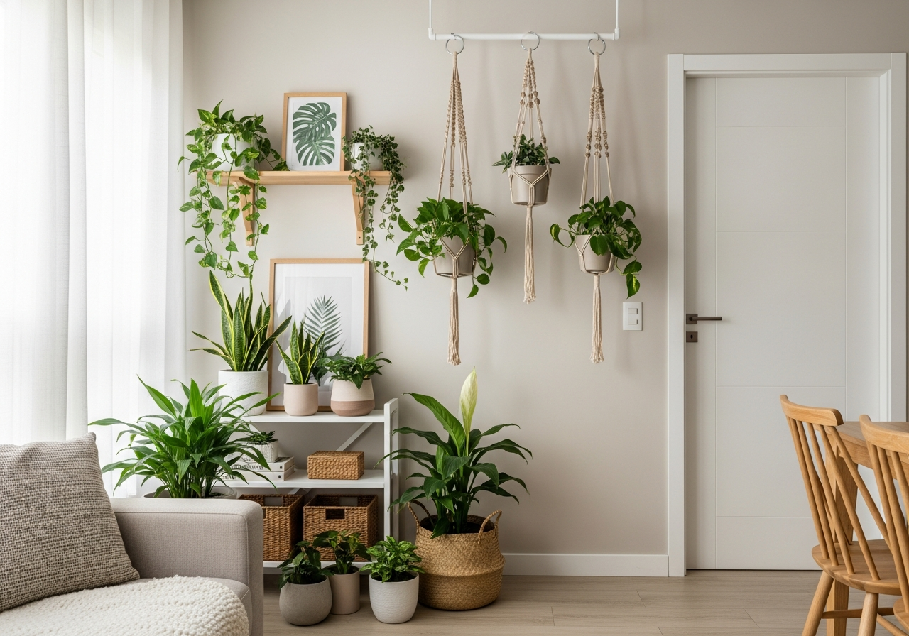 A creative 'urban jungle' corner in a living room, showing plants at different heights on shelves, on the floor, and hanging from the ceiling in macrame hangers. The vibe is lush and bohemian.