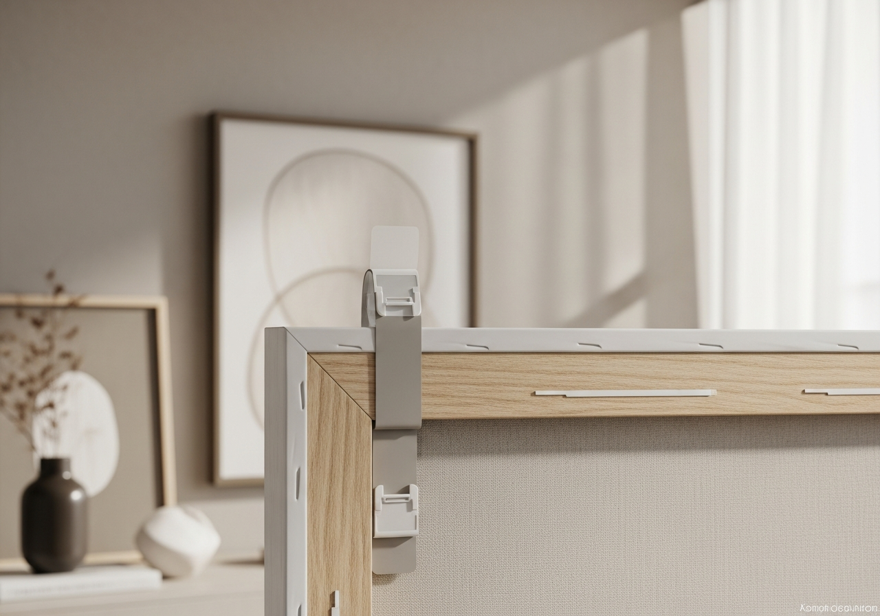 Close-up shot of adhesive picture hanging strips being applied to the back of a wooden frame, demonstrating a no-drill method for decorating walls.