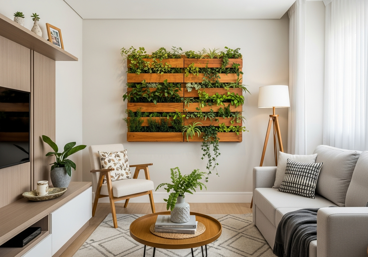 Visão geral de uma sala de estar pequena e bem decorada, onde um jardim vertical de madeira com plantas variadas é o ponto focal na parede. Luz natural entra pela janela.