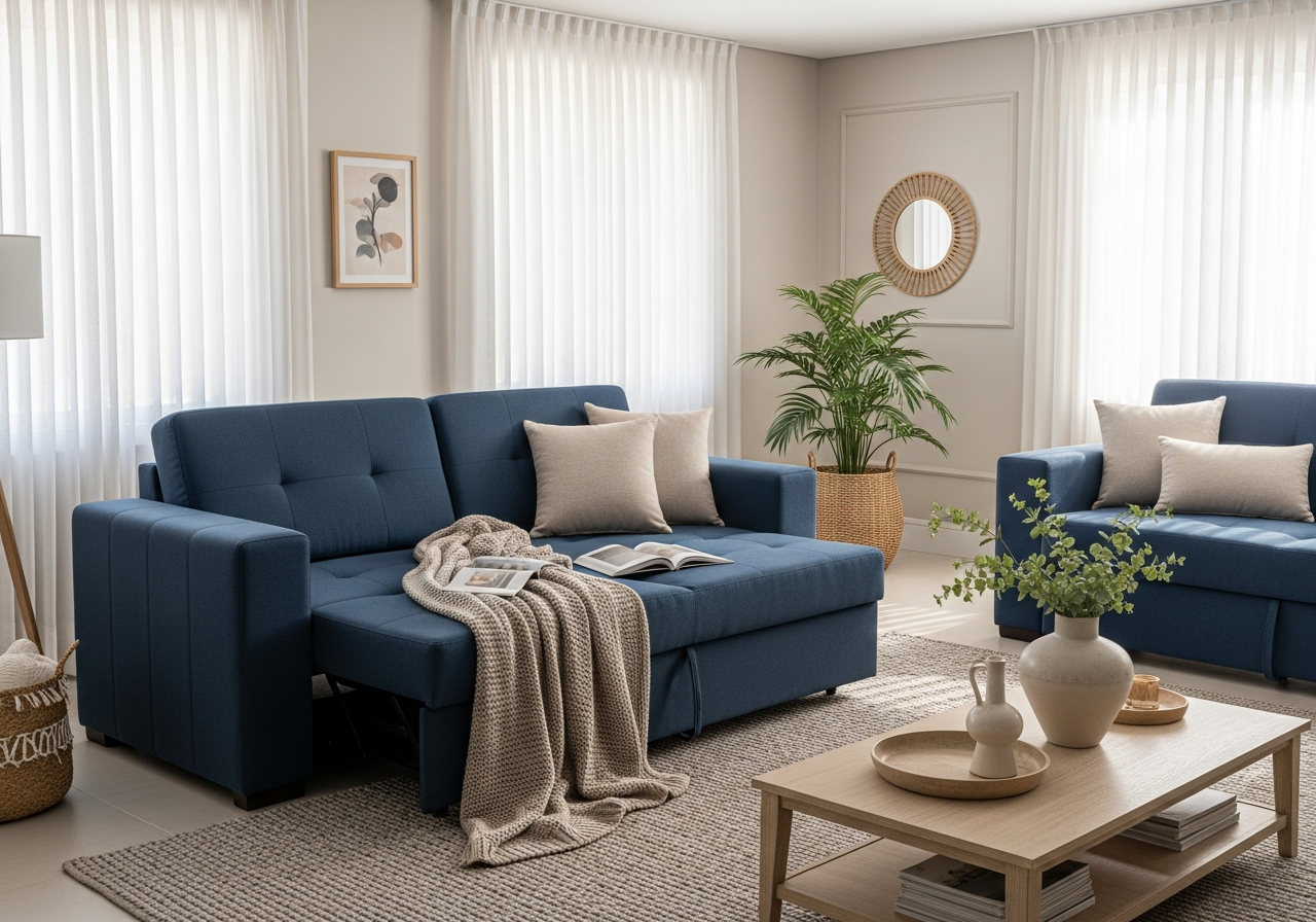 A stylish living room with a navy blue retractable sofa. One side is extended, with a cozy blanket and a book, showcasing its comfort.