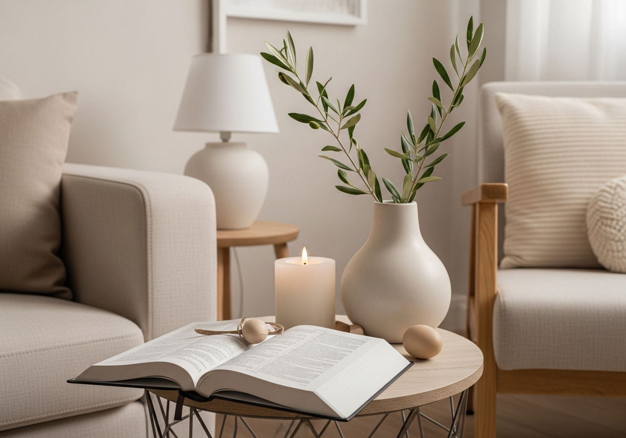 A cozy living room corner decorated for Christian Easter. An open Bible on a side table next to a large white candle and a simple vase with olive branches. The atmosphere is serene and reflective.