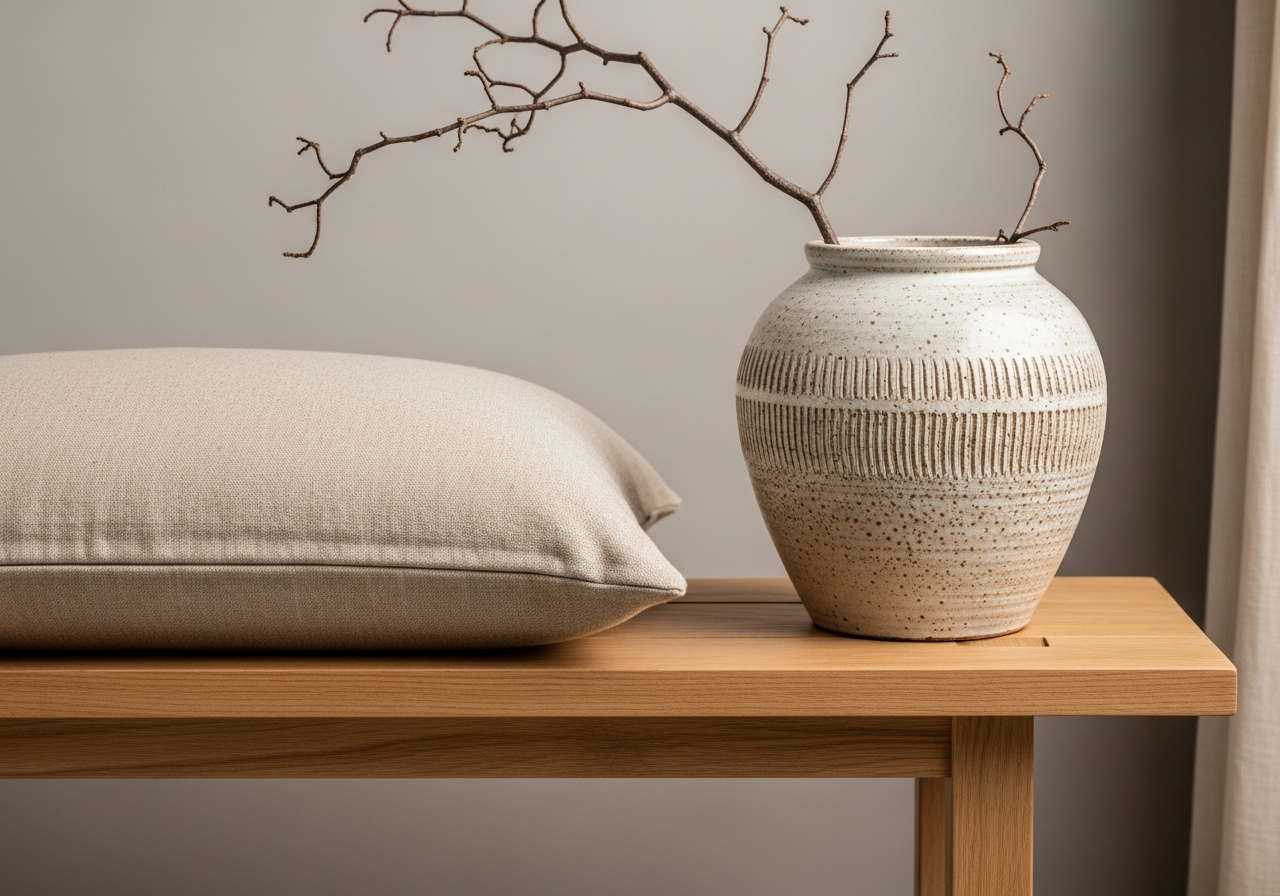 A close-up shot showcasing Japandi textures: a rough linen cushion on a smooth wooden bench, next to a textured ceramic pot with a dry branch. The background is a soft, warm gray wall.
