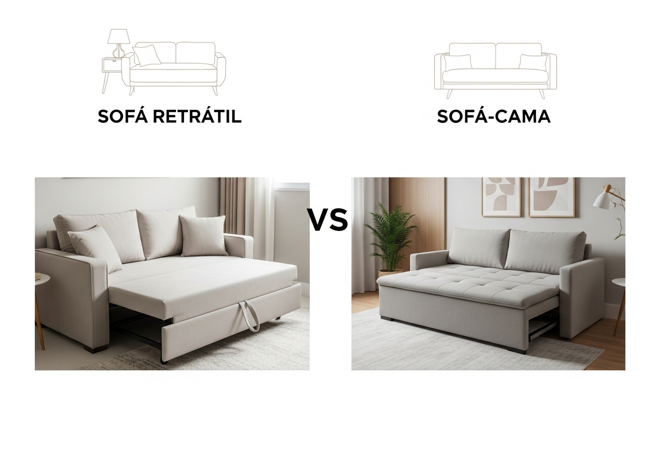 An infographic-style image comparing a retractable sofa and a sofa bed, showing their dual functions. Clean, minimalist design with clear labels in Portuguese. Photo-realistic style, suitable for a blog about home decor.