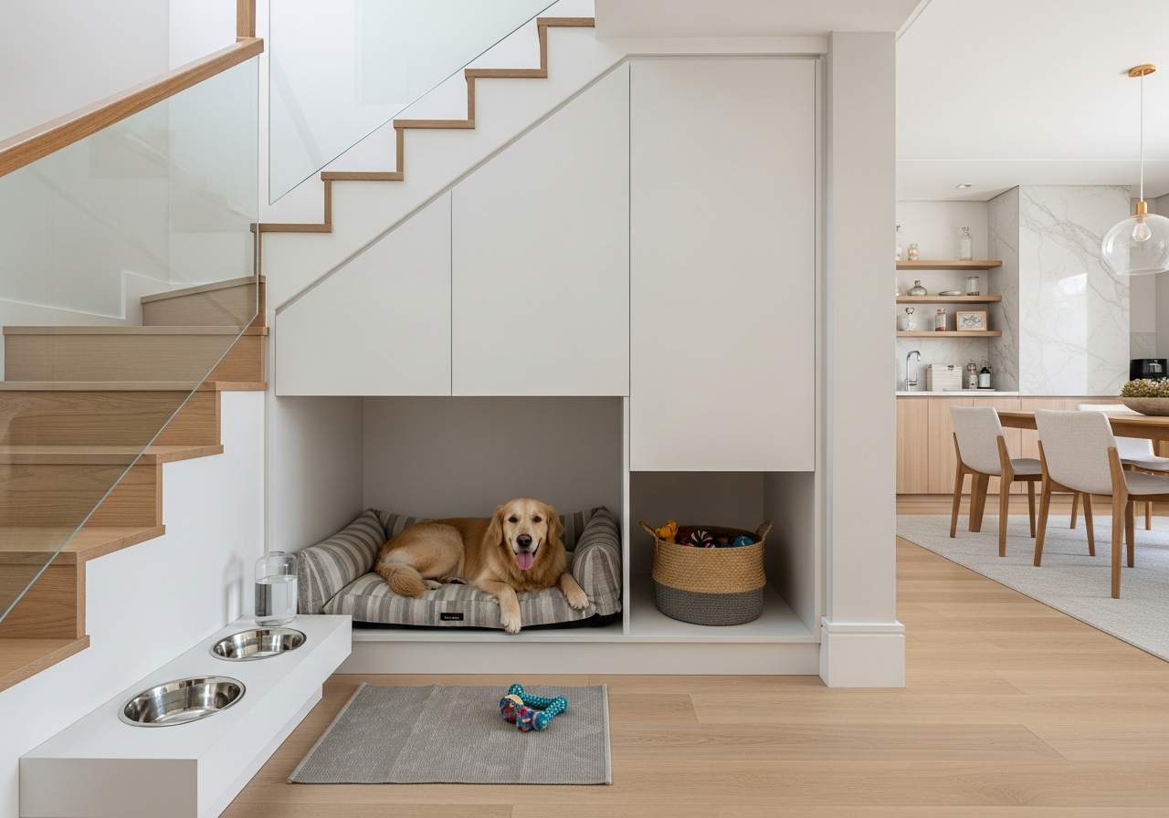 A custom-built pet corner under a staircase, featuring a stylish dog bed, built-in bowls for food and water, and a basket for toys. A happy golden retriever is resting in the bed. Clean, modern home interior.