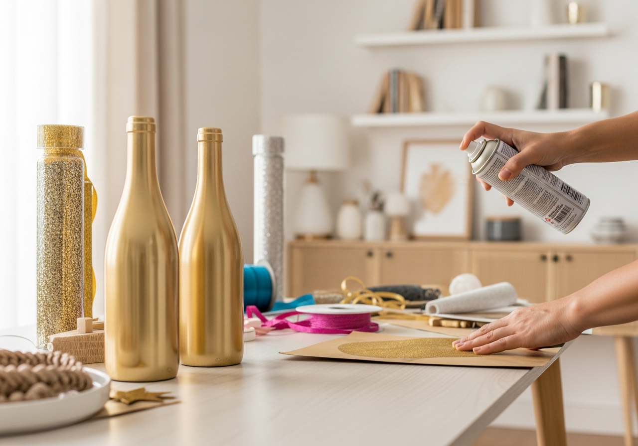 A DIY New Year's decoration station. A person's hands are shown spray-painting wine bottles gold. In the background, there are glitter, ribbons, and other craft supplies, suggesting a fun, creative project.